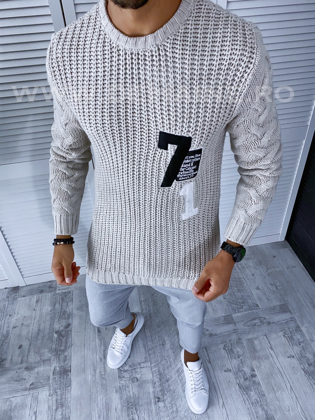 Pulover barbati gros slim fit bej t3584 o3-4